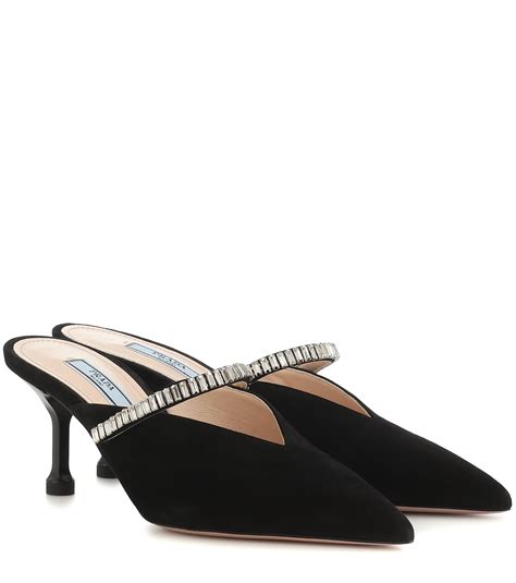 prada crystal-embellished suede mules|prada loafer mules.